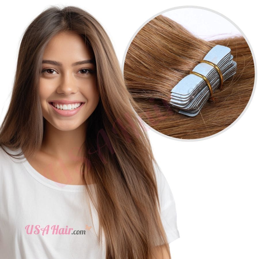 8 Natural Light Brown Invisi Tape Hair Extensions