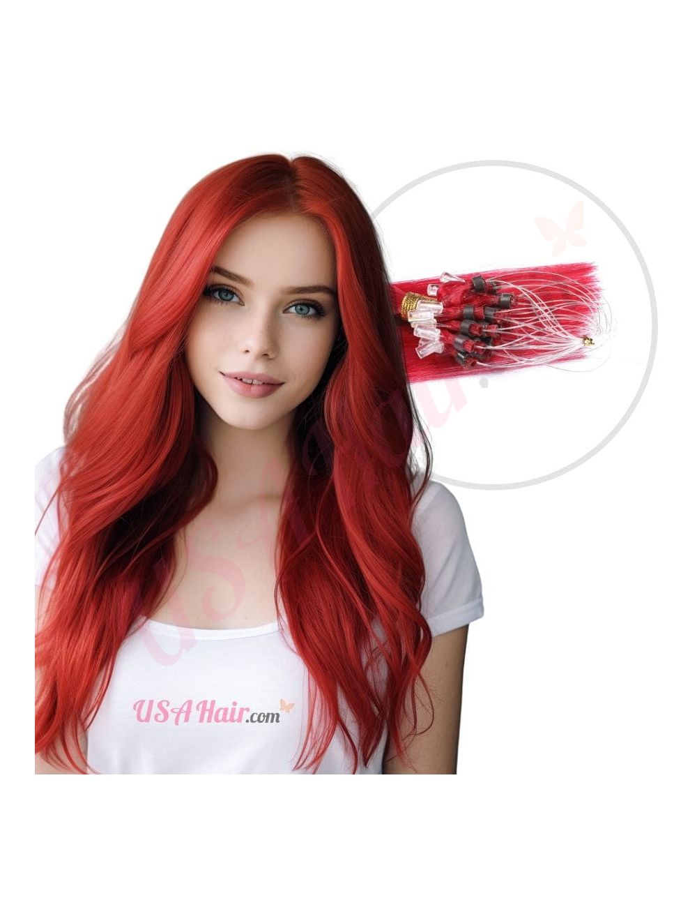 Red micro beads hair extensions, micro loop extensions Real Hair Red